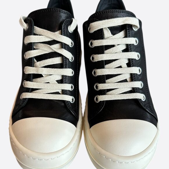 Rick Owens Black & White Leather Women's Low Top Sneakers - Picture 2 of 7